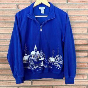 Alfred Dunner Petite Medium Blue Christmas Pullover Sweater Winter Snowman